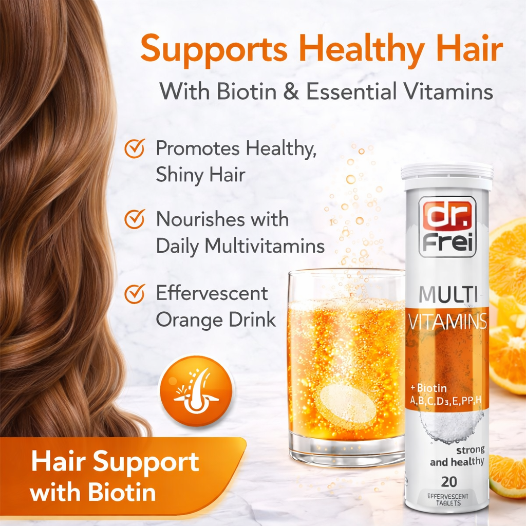 SWISS ENERGY Multivitamins + Biotin Effervescent Tablets – Energy, Immunity & Hair Support (Orange Flavor)